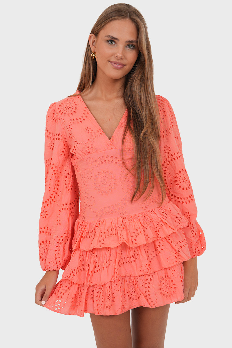 Lacey" Dress Coral Coral Broderie Summer Dress with Ruffles | Meet Me There Meet Me There Lacey" Dress Coral Coral Broderie Summer Dress with Ruffles | Meet Me There Meet Me There
