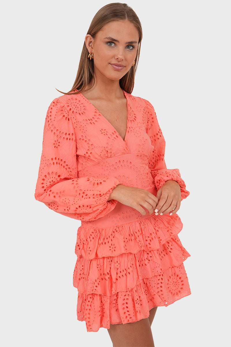 Lacey" Dress Coral Coral Broderie Summer Dress with Ruffles | Meet Me There Meet Me There Lacey" Dress Coral Coral Broderie Summer Dress with Ruffles | Meet Me There Meet Me There