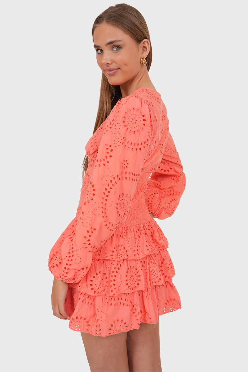 Lacey" Dress Coral Coral Broderie Summer Dress with Ruffles | Meet Me There Meet Me There Lacey" Dress Coral Coral Broderie Summer Dress with Ruffles | Meet Me There Meet Me There