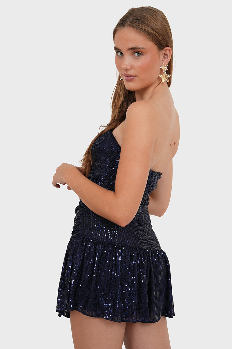 dark blue sparkly mini dress Arletta Strapless Sequin Mini Dress